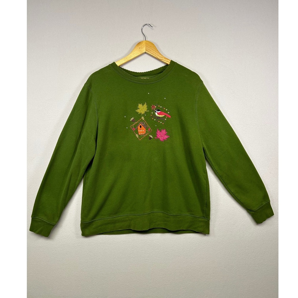 Cottagecore Basic Editions Women XL Embroidered Birdhouse Scallop Sweatshirt